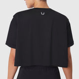 ASRV Supima Ice-Skin Reversible Crop Tee in black, back view on model