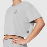 W082 Supima Ice-Skin Reversible Crop Tee in Slate Grey worn by model, front view