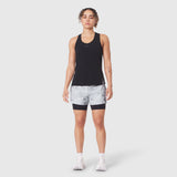 Aerotex™ Perforated Run Tank in black with patterned shorts, front view