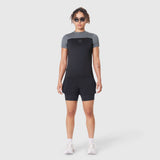W086 AEROSILVER® UPF50+ Run Tee in black with grey sleeves, front view on model