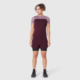W086 AEROSILVER® UPF50+ Run Tee in Merlot, worn with matching shorts, front view