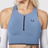 W097 LYCRA® ADAPTIV Seamless Zip Bra in Slate Blue, front view on model