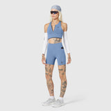 W097 LYCRA® ADAPTIV Seamless Zip Bra in Slate Blue, front view on model