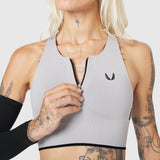 W097 LYCRA® ADAPTIV Seamless Zip Bra in slate grey, front view on model