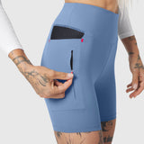 W099 LYCRA® ADAPTIV Hybrid Bike Short in Slate Blue, worn model showcasing pocket details