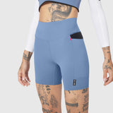 W099 LYCRA® ADAPTIV Hybrid Bike Short in Slate Blue, front view on model